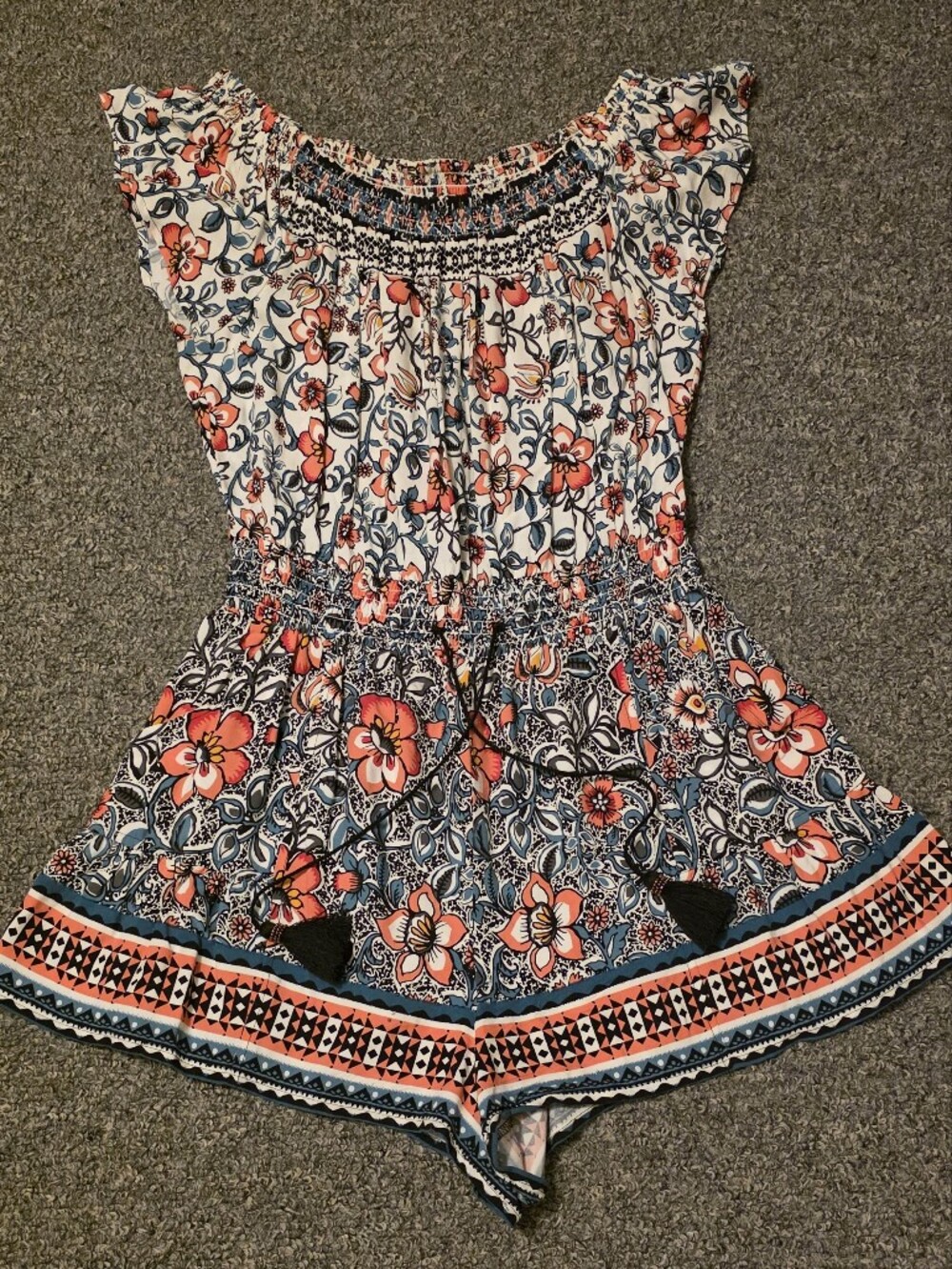 Floral Smocked Romper in Coral & Navy
